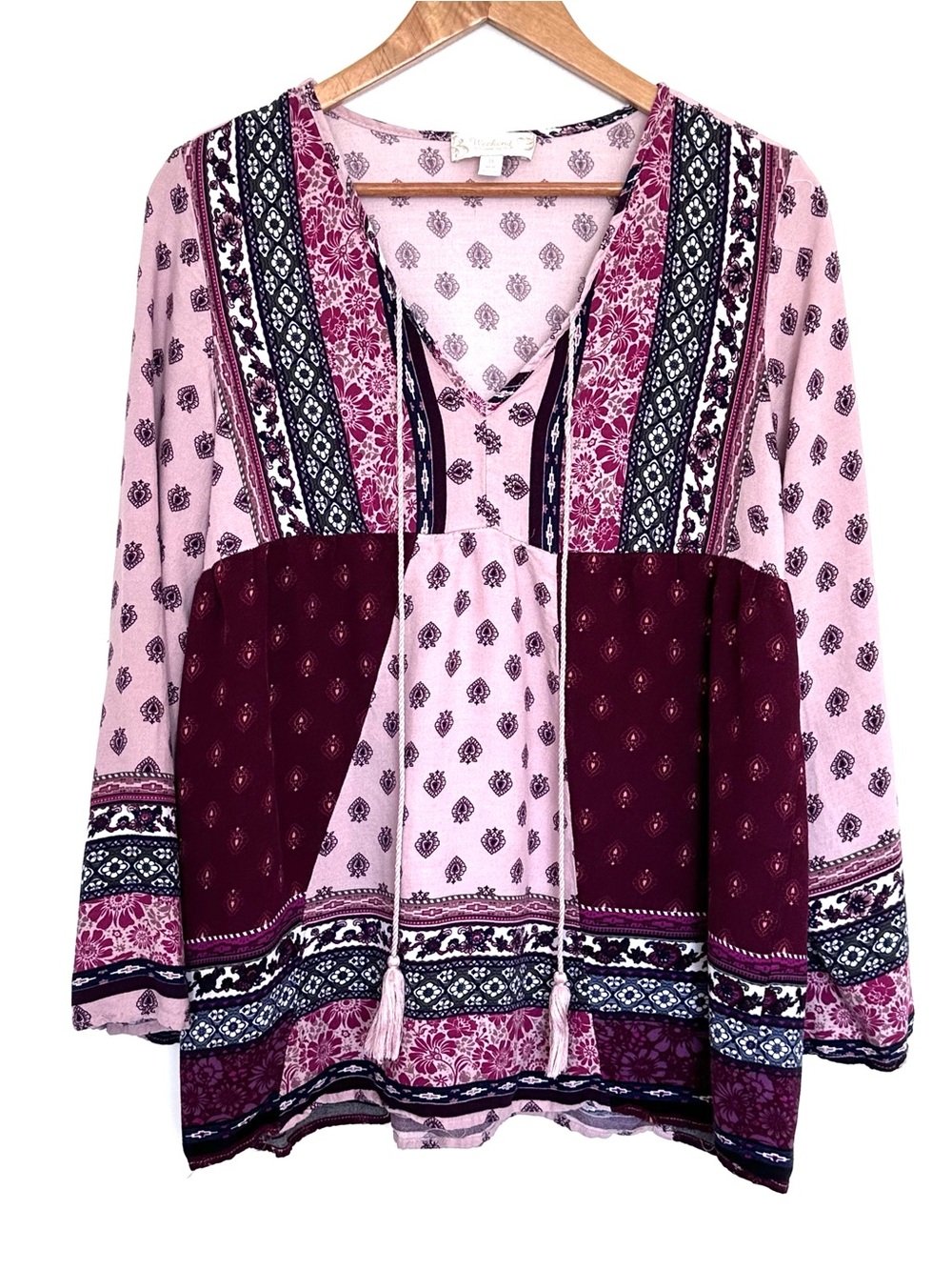 Weekend Suzanne Betro Plus Shirt Womens 1X Floral Tassel Long Sleeve Lightweight